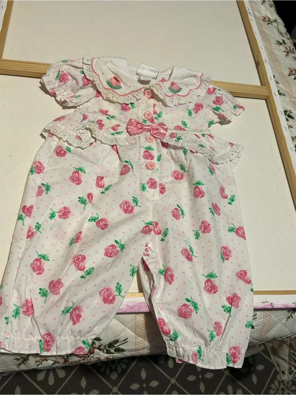 Pink Rose Print Baby One-Piece with Bow